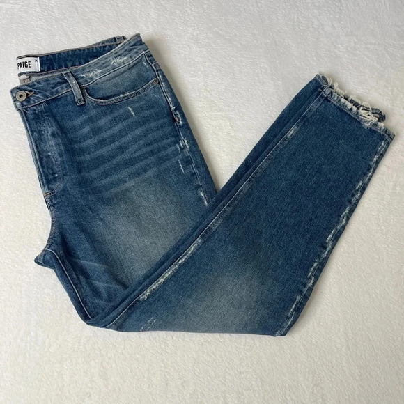 Paige sz 32 Hoxton Ankle Peg Distressed Button Fly Straight Leg Low Stretch EUC - Picture 5 of 12